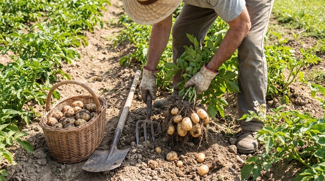 Gardener harvesting freshly dug potatoes in vegetable garden