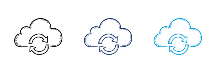 Obraz premium Cloud Computing Sync Icons Set with Circular Arrows for Data Transfer and Storage.