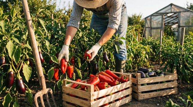 Woman harvesting ripe sweet peppers into wooden crates in vegetable garden