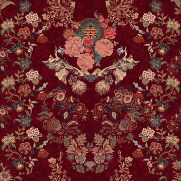 red vintage chinoseries marron background flower batik ornament chinese