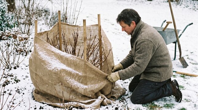 Gardener wrapping hydrangea shrub with burlap for winter frost protection