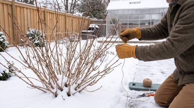 Gardener tying dormant hydrangea branches for winter protection in snowy garden