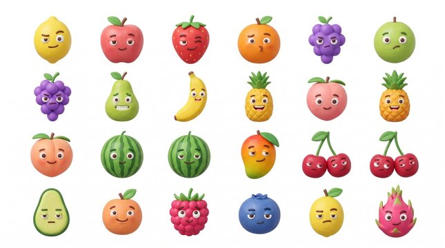 Cute 3D Fruit Characters Set with Funny Faces Isolated on White Background