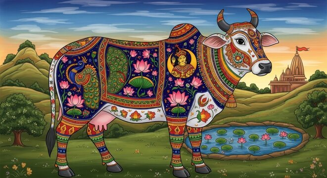Vibrant Indian Sacred Cow Decorated with Traditional Art and Symbols.