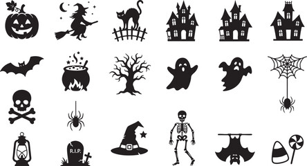 Fototapeta premium Spooky halloween icons collection jack o' lanterns witches ghosts skeletons more for festive designs