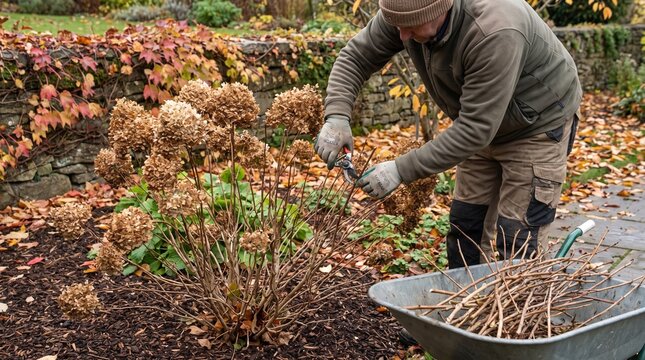 Gardener pruning dormant hydrangea shrubs during autumn garden maintenance