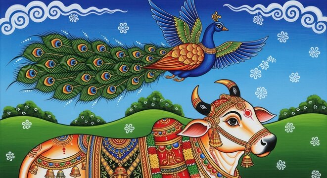 Vibrant Indian Folk Art Depicting Sacred Cow and Peacock in a Lush Landscape.