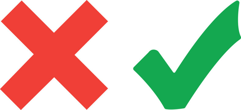 Red cross mark and green check mark symbols isolated on white background
