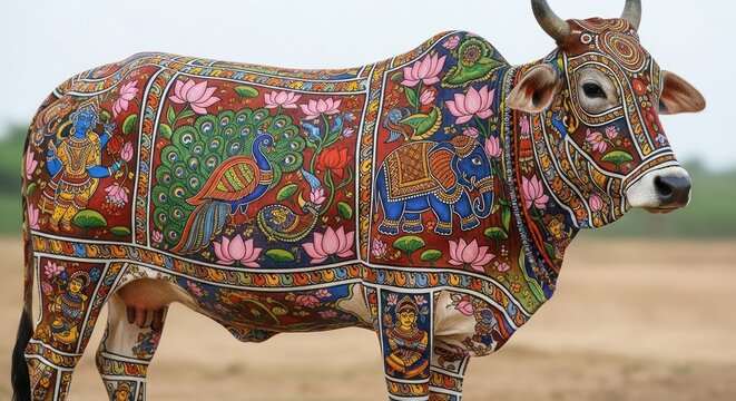Vibrant Indian Cow Adorned with Traditional Religious Artistry.