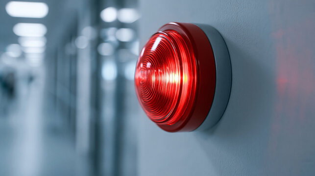 A red emergency strobe light glows on an office corridor wall. Ideal for fire safety and evacuation concepts.