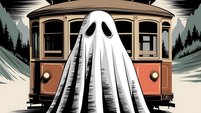  closeup white ghost figure wearing a white sheet, standing in front of A vintage trolley or streetcar traveling through a mountainous landscape with pine trees and fog created with generative ai