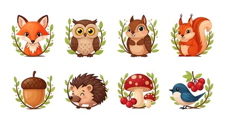 Naklejka premium Set of cute hand drawn woodland animals and nature elements illustrations