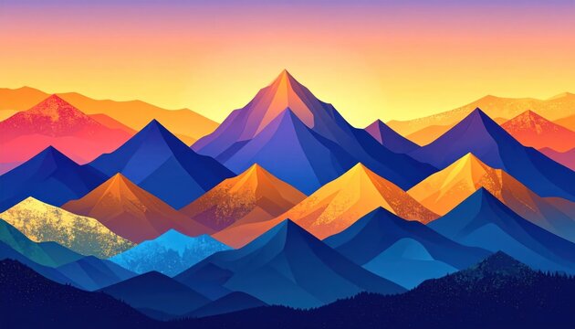 Vibrant Geometric Mountain Range at Sunset.