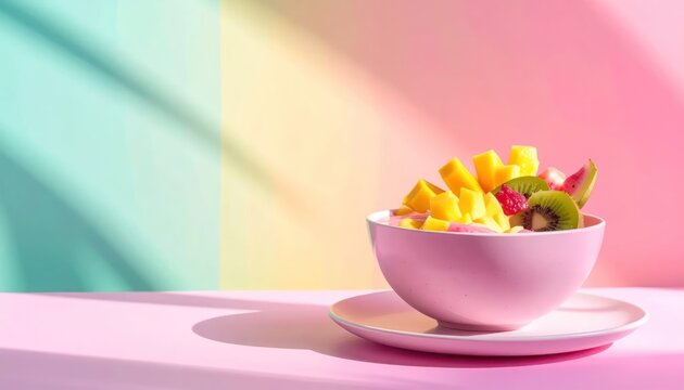 Vibrant Fruit Salad Bowl on Pastel Background with Soft Shadows.