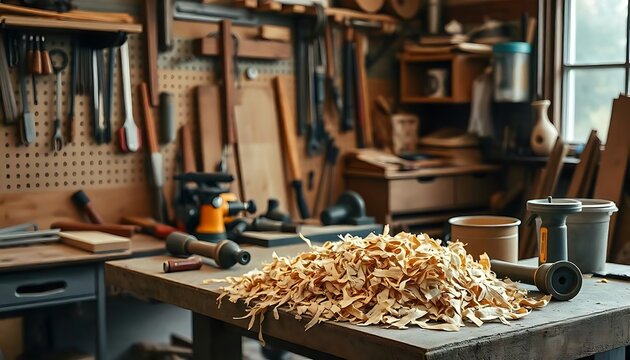 A cluttered woodworking workshop with various tools and materials on a wooden workbench, including a pile of wood shavings, created with generative ai