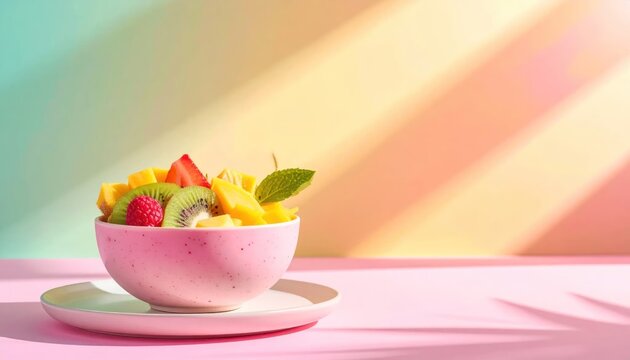 Vibrant Fruit Salad in a Bowl with Soft Light and Shadows.