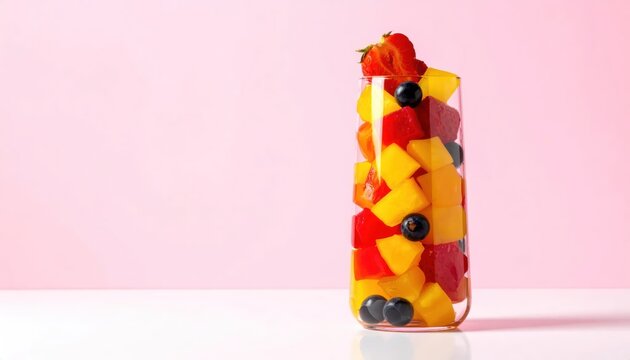 Vibrant Fruit Salad in Tall Glass on Pink Background.