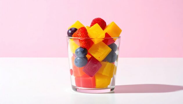 Vibrant Fruit Salad in a Clear Glass on a Pink Background.
