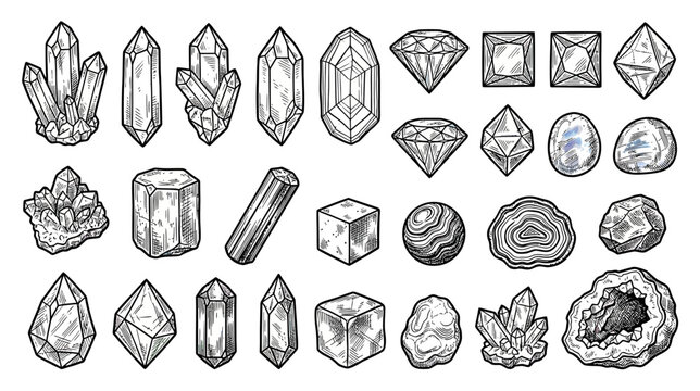 Collection of Hand-Drawn Gemstones and Crystals Vector Art
