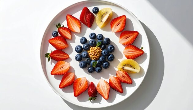 Vibrant Fruit Platter Artfully Arranged with Berries and Kiwi Slices.