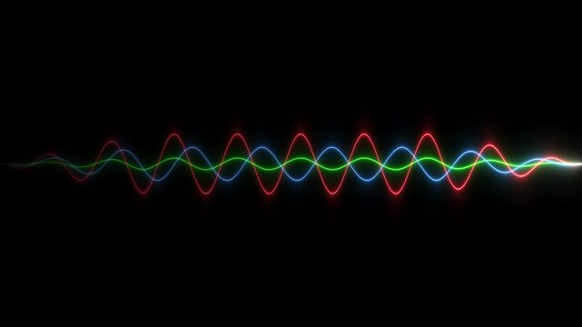 Multicolor RGB neon glowing sound wave lines on dark black background for digital audio equalizer voice assistant and music frequency loop template