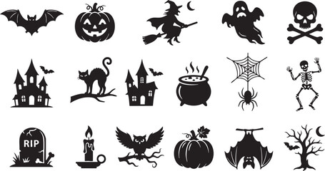 Fototapeta premium Spooky halloween icons collection bats witches pumpkins ghosts skeletons for festive designs and decorations