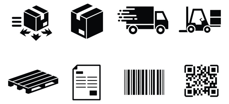 Logistics shipping warehouse icon set, pallet, package, delivery truck, forklift, barcode and QR code symbols, cargo handling graphics, vector illustration.