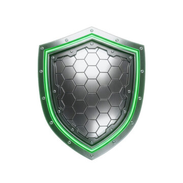 A metallic shield featuring a central hexagonal pattern with glowing green light border detailing isolated on transparent background