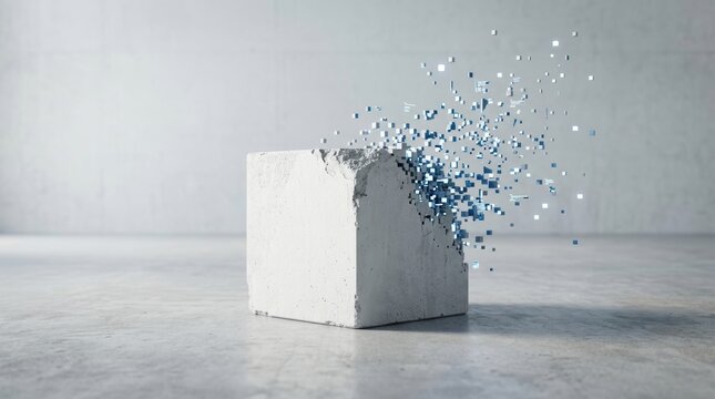 Abstract digital data explosion from white concrete block 3D render on gray floor background