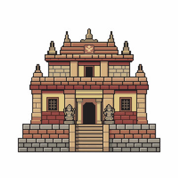 Pixel Art Ancient Temple Building Facade with Stairs and Statues.