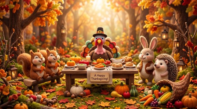 Adorable woodland animals celebrating Thanksgiving around a festive harvest table in an enchanted autumn forest featuring a cheerful turkey, rabbits, squirrels, hedgehog, pumpkins, vegetables, candles