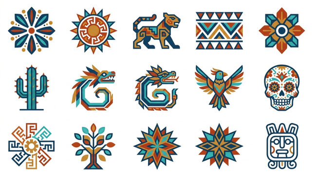 Colorful Aztec and Mayan Style Vector Icons Collection.