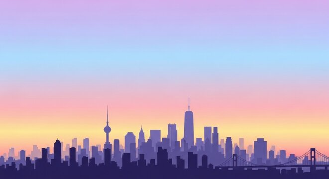 Vibrant City Skyline Silhouette at Sunset with Pastel Sky.