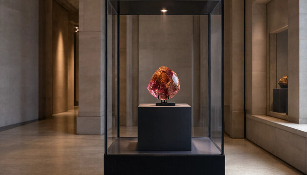 Abstract floral art sculpture displayed inside a glass museum display case in a modern gallery setting with sculpture exhibition contemporary sculptural installation interior artistic