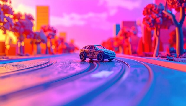 Vibrant Cityscape with a Car Drifting on a Wet Road.
