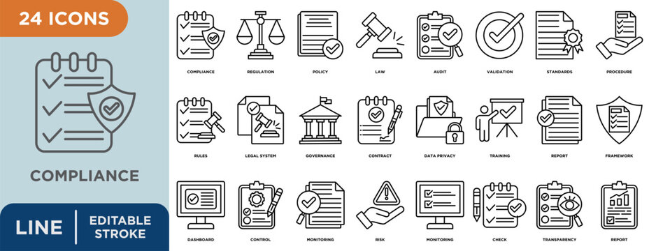Compliance line icon set with editable stroke for regulation, policy, law, audit, governance, standards