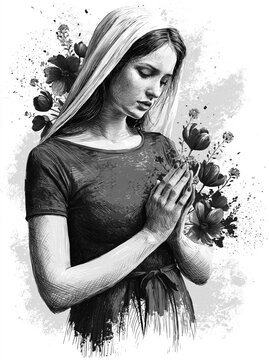Virgin Mary Floral Engraving Illustration &ndash; AI Generative