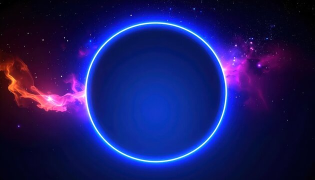 Vibrant Blue Neon Circle Portal in Cosmic Nebula Background.