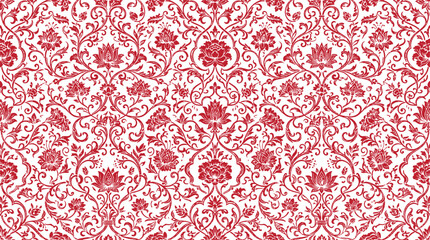 Seamless red hearts pattern with floral damask ornament, antique baroque swirls and decorative pink cloth textured retro vector textile design wallpaper background. © MOSTHANUFA