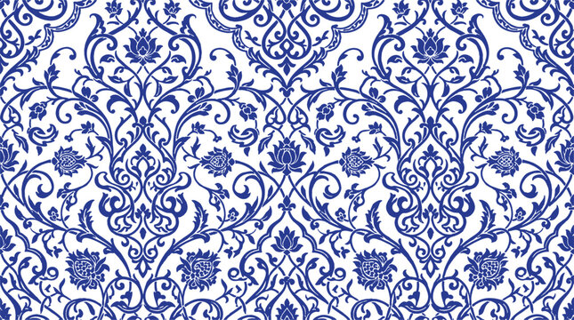 Decorative vector wallpaper of seamless blue floral damask pattern with elegant baroque swirls for fabric and textile backgrounds and ornate Victorian designs.