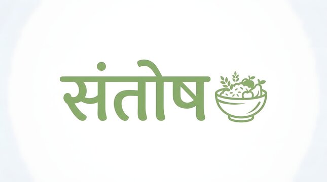 Hindi word santosh written in green font with bowl of grains on a white studio background.