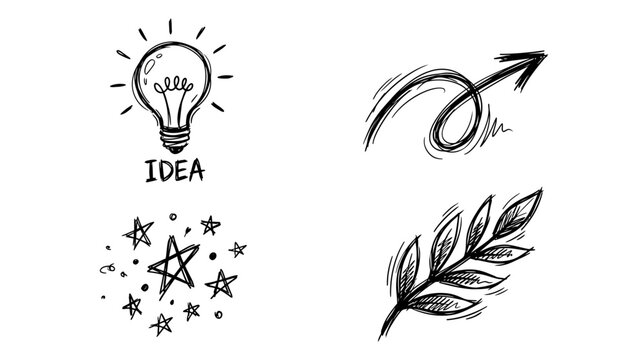 Hand-drawn icons: idea, growth, inspiration, and nature