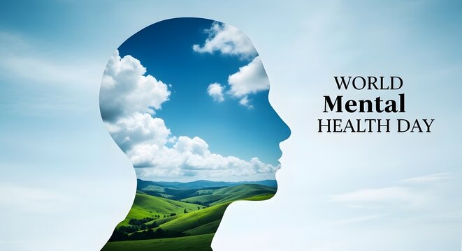 World mental health day concept head silhouette filled with nature scene