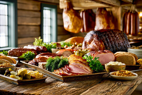 Rustic Smoked Meat and Sausage Still Life &ndash; AI Generative