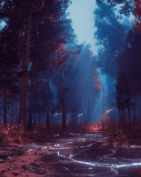 Mystical forest path with glowing light cracks and sun rays shining through trees