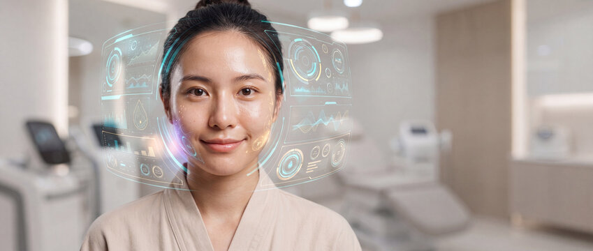 Biometric facial scanning for skin analysis features a glowing holographic interface with digital charts around a smiling Asian woman in a bright clinic, ideal for dermatology and beauty tech