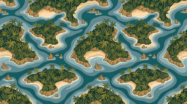 Tropical island seamless pattern with palm trees and sandy beaches