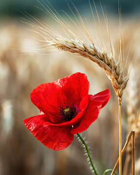 : Red Poppy Flower with Wheat Ears in Golden Field. AI generative.