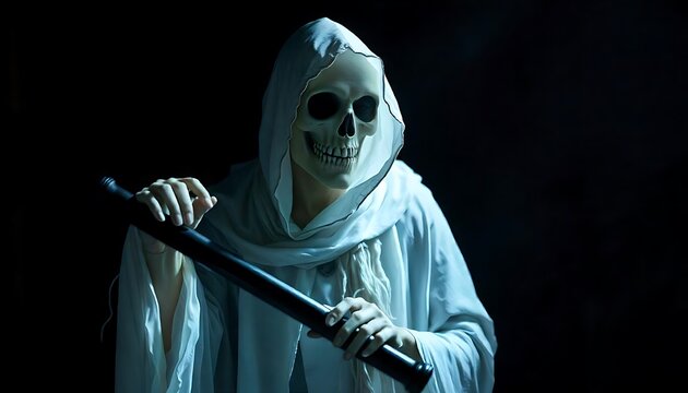  A ghostly white figure with a skeletal face and sharp teeth, wearing a tattered white cloak and holding a black bat, standing in a dark, shadowy environment , created with generative ai