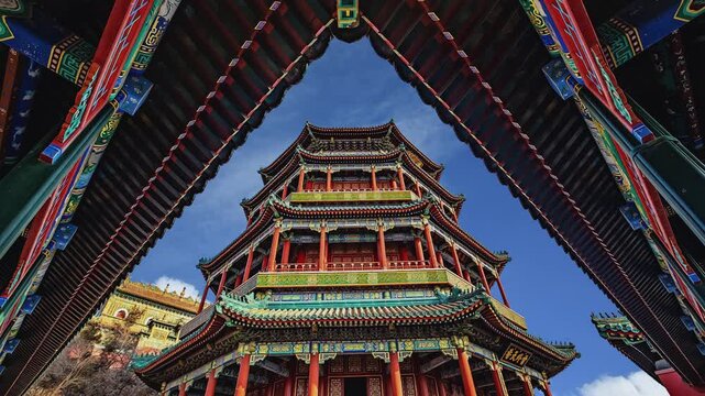 Timelapse view of Foxiang Pavilion at the Summer Palace in Beijing framed by traditional Chinese architecture with moving clouds in blue sky.